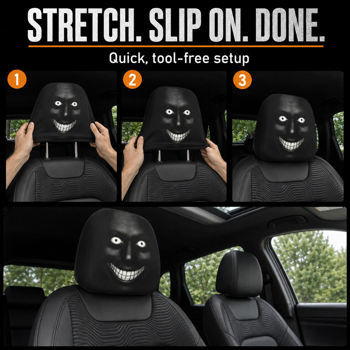 Spooky Grinning Face Halloween Car Headrest Covers – 2 Pack