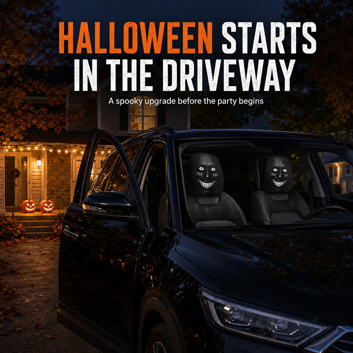 Spooky Grinning Face Halloween Car Headrest Covers – 2 Pack