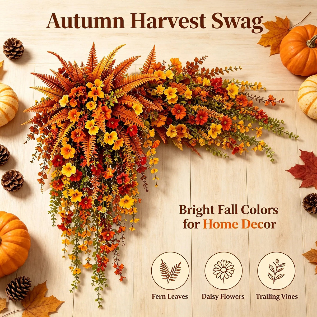 Telaion Autumn Hanging Flower Basket – No-Watering Front Door Fall Decor with Fern & Flower Vines