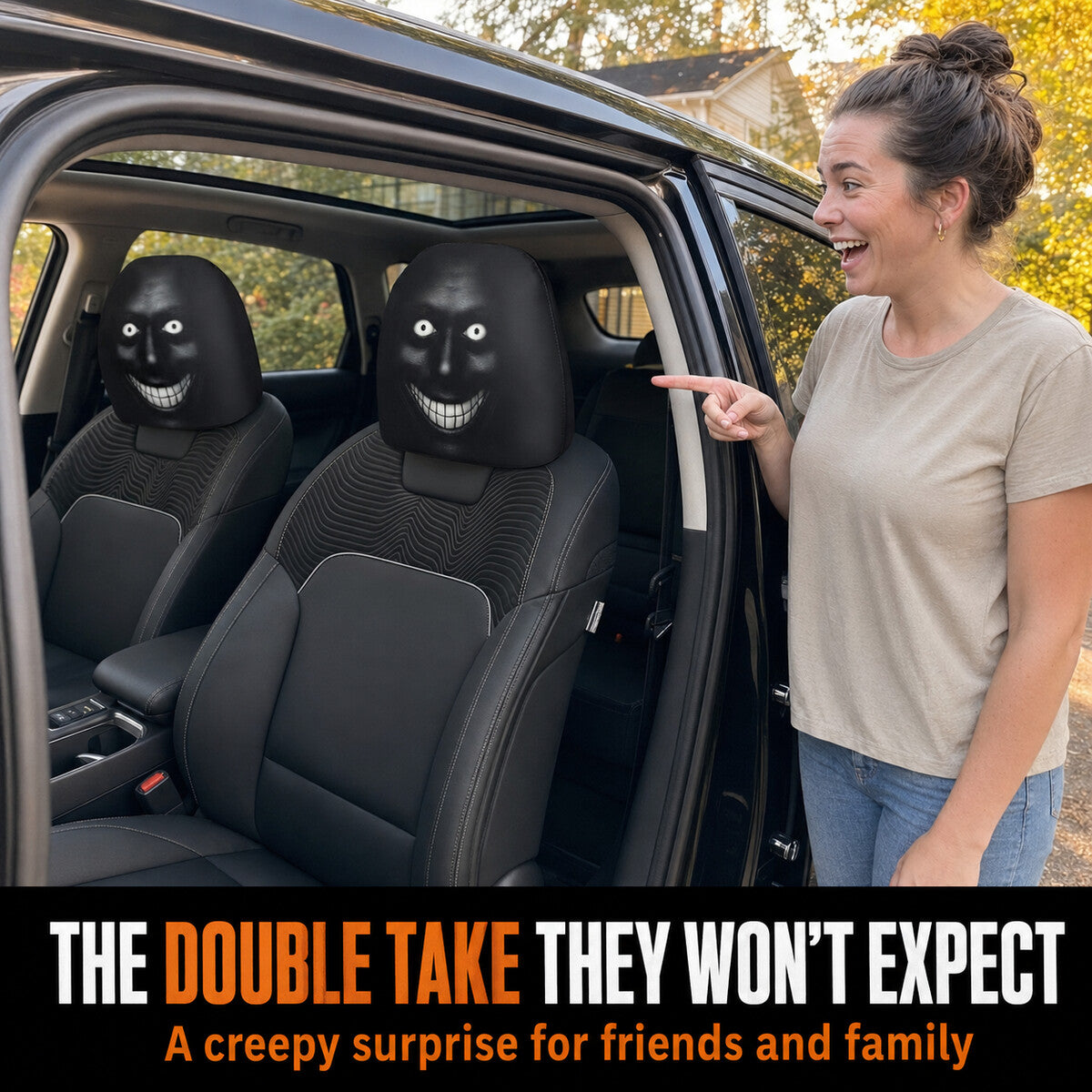 Spooky Grinning Face Halloween Car Headrest Covers – 2 Pack