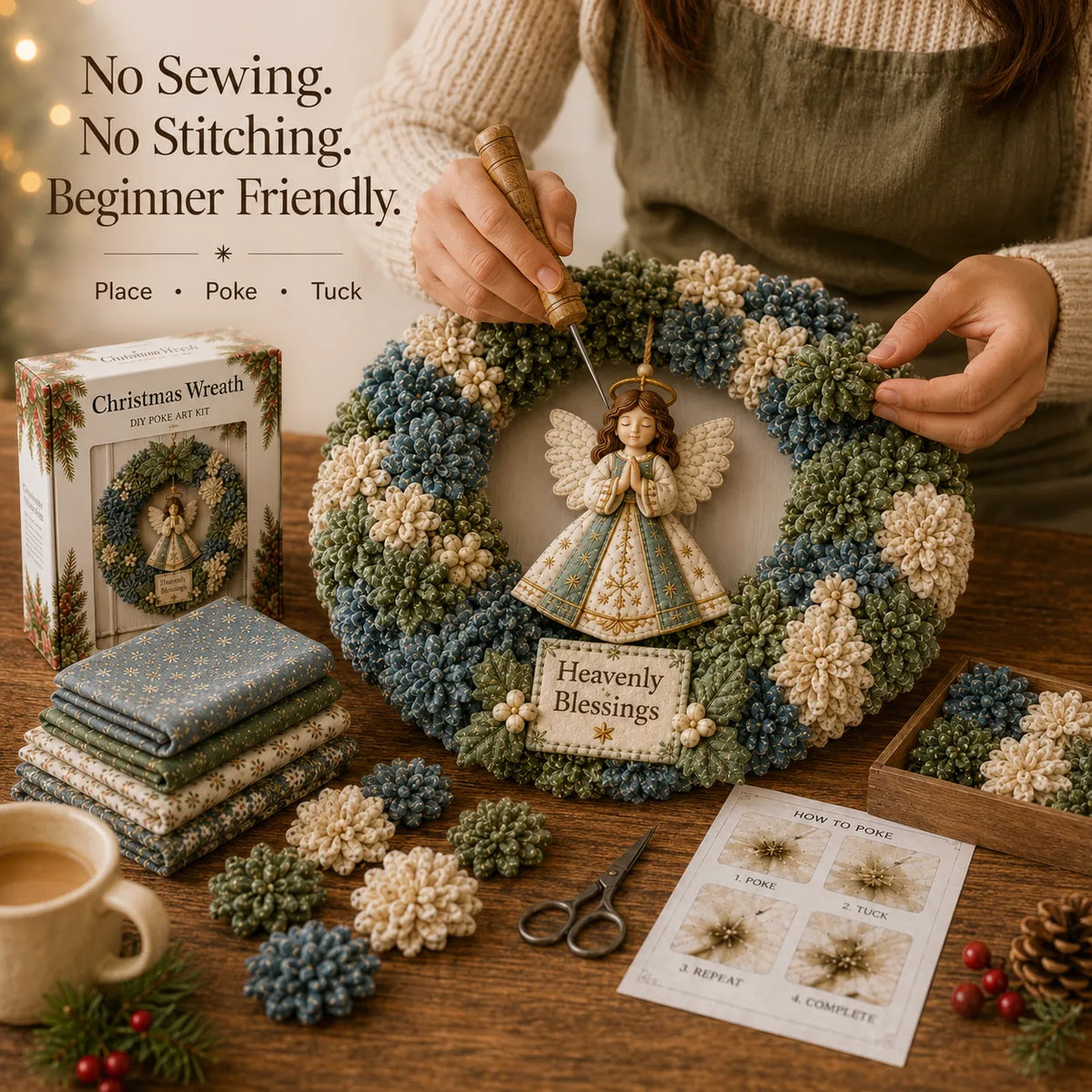 How to poke - no sewing, no stitching, beginner friendly Christmas wreath DIY craft