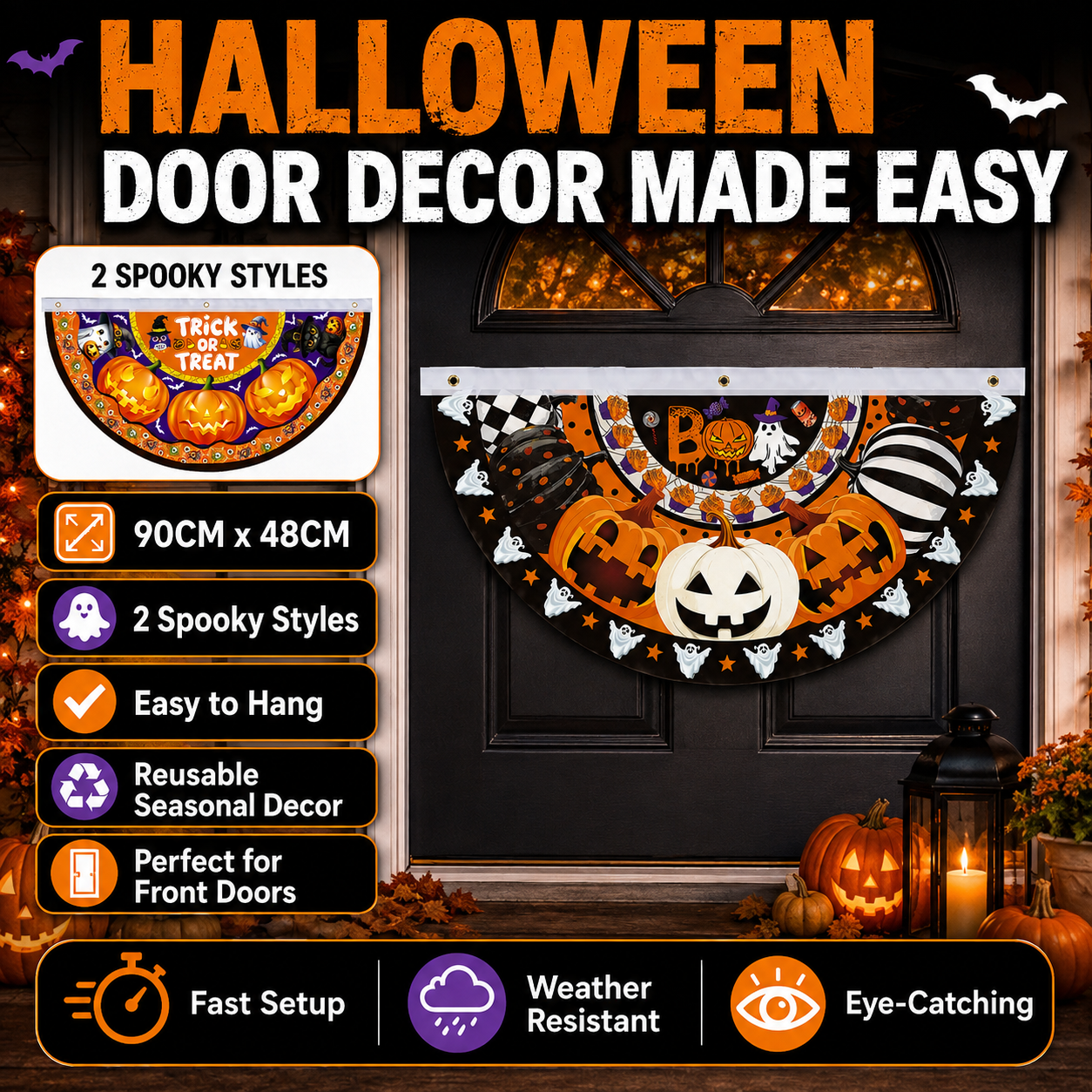 Halloween Half-Round Door Banner – 90×48CM Spooky Front Door Decor
