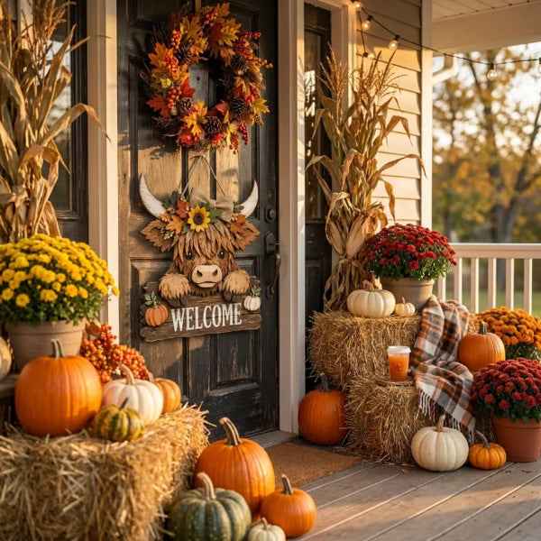 Highland cow autumn and Halloween decor with fall styling