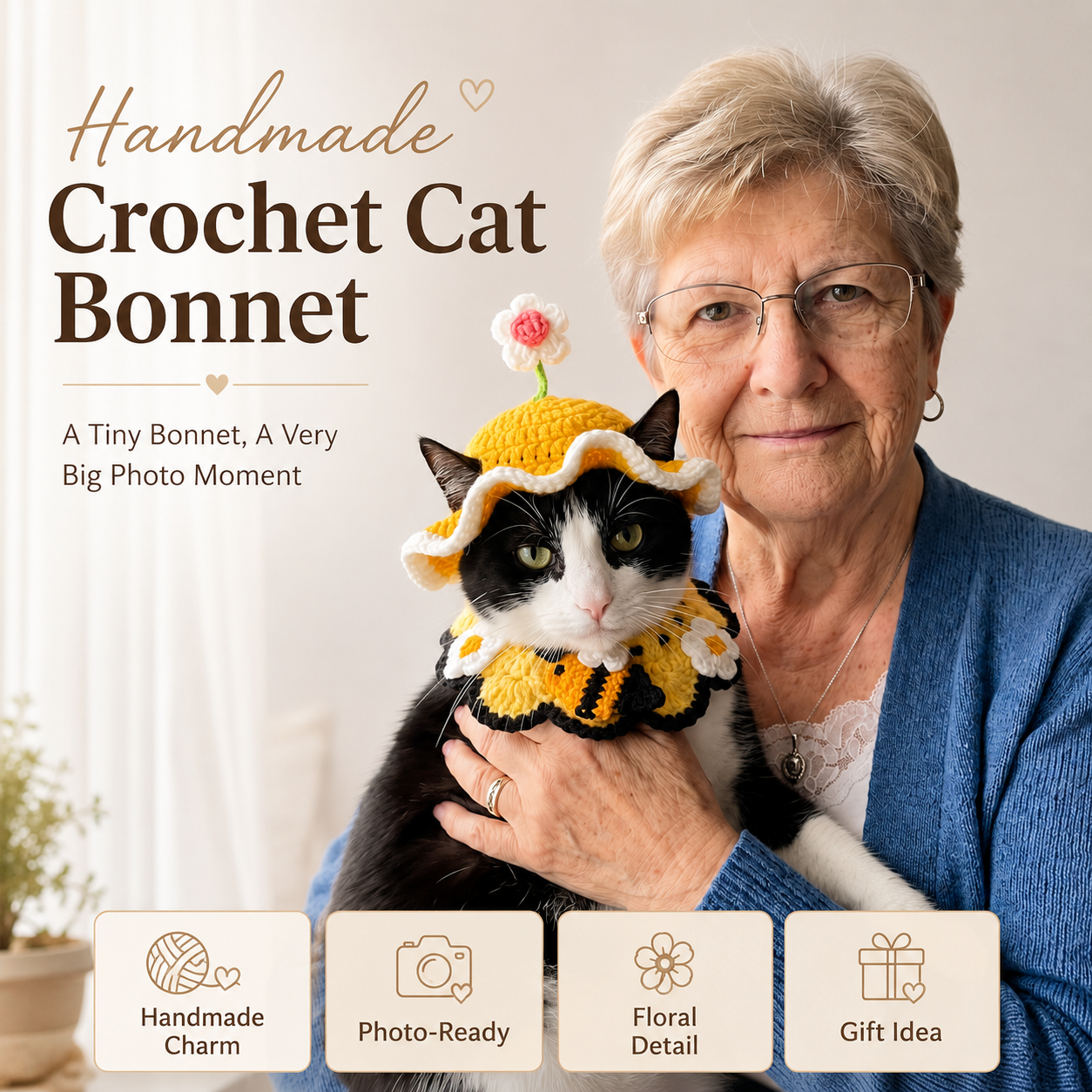 Handmade Crochet Cat Bonnet – Floral Pet Hat for Photos & Special Moments