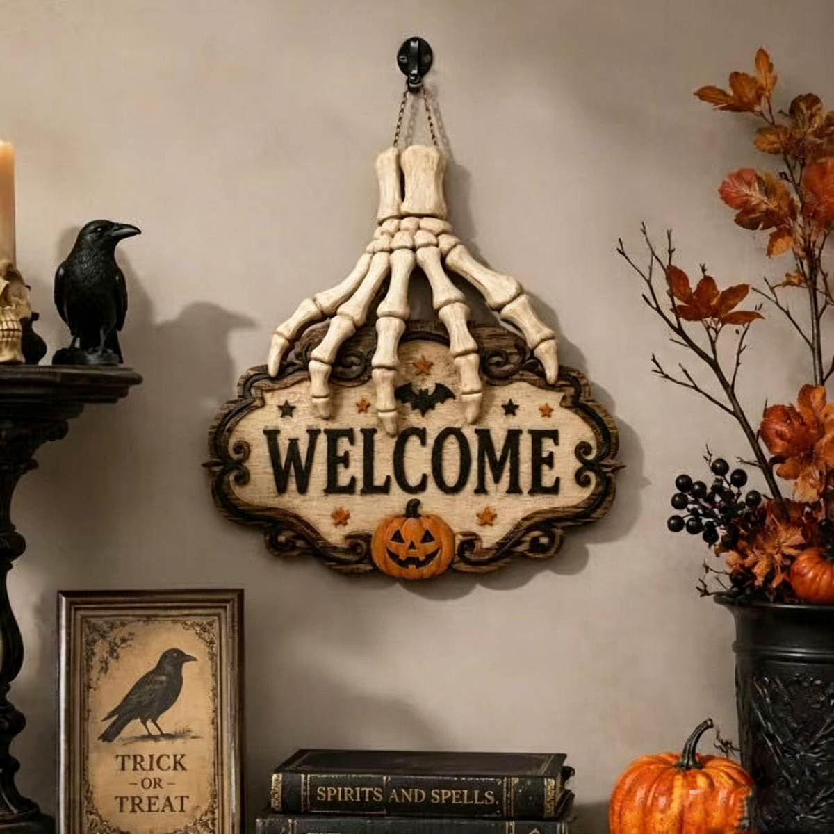 skeleton hand Halloween welcome sign for front door decoration