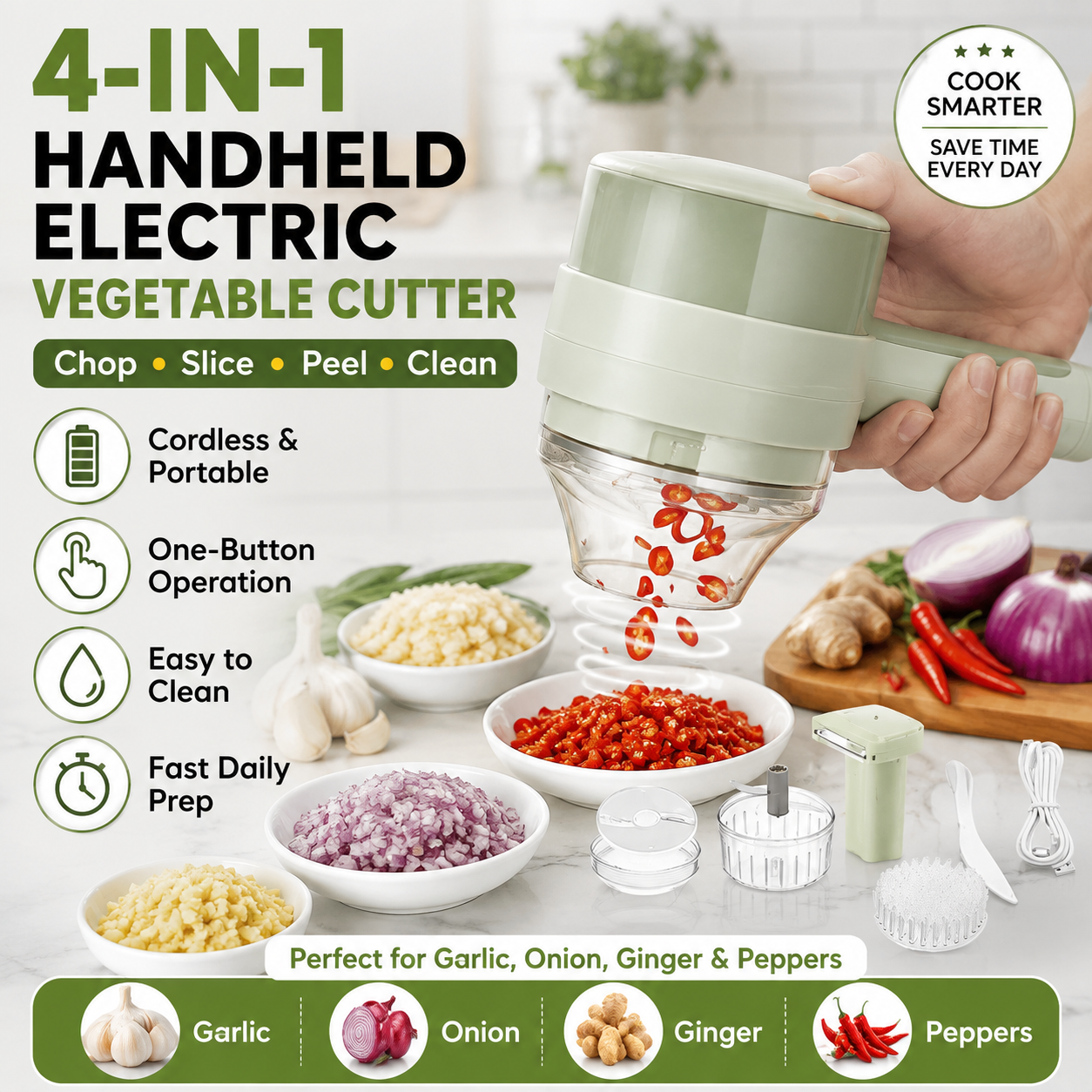 4-in-1 Cordless Electric Vegetable Cutter – Slice, Chop, Peel & Clean