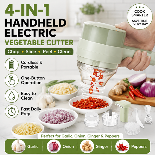 4-in-1 Cordless Electric Vegetable Cutter – Slice, Chop, Peel & Clean