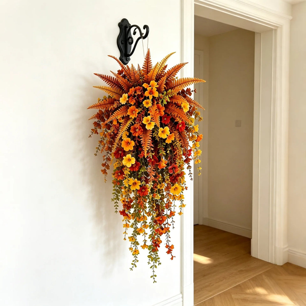 Telaion Autumn Hanging Flower Basket – No-Watering Front Door Fall Decor with Fern & Flower Vines