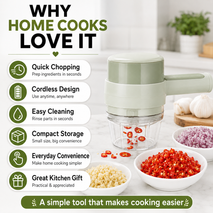 4-in-1 Cordless Electric Vegetable Cutter – Slice, Chop, Peel & Clean