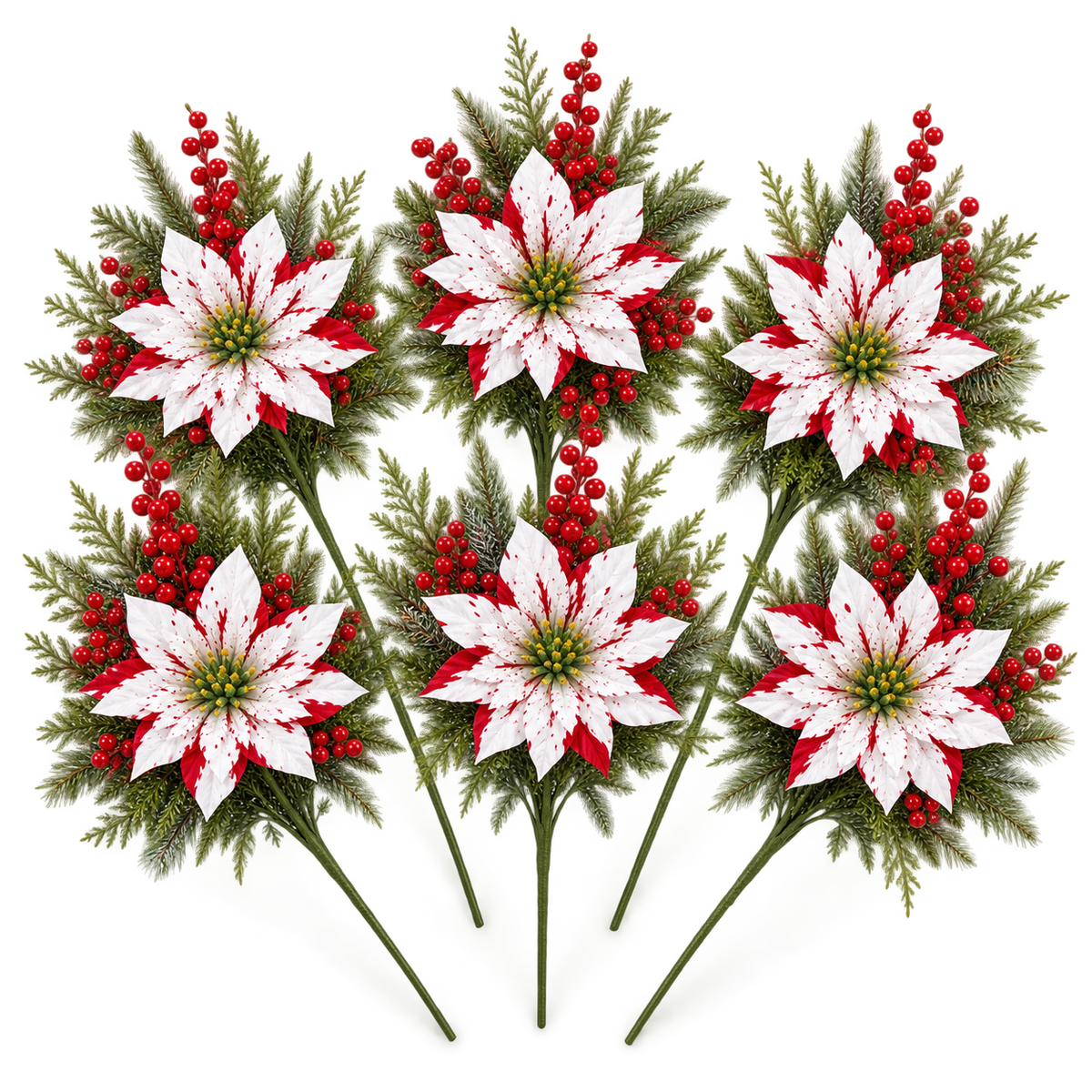 Red & White Poinsettia Christmas Floral Picks – Set of 6