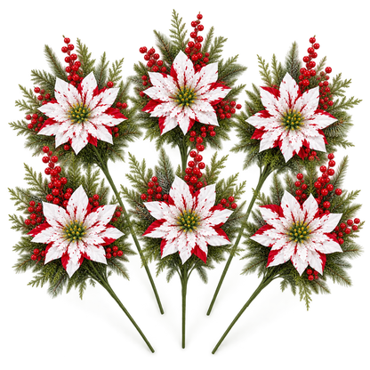 Red & White Poinsettia Christmas Floral Picks – Set of 6