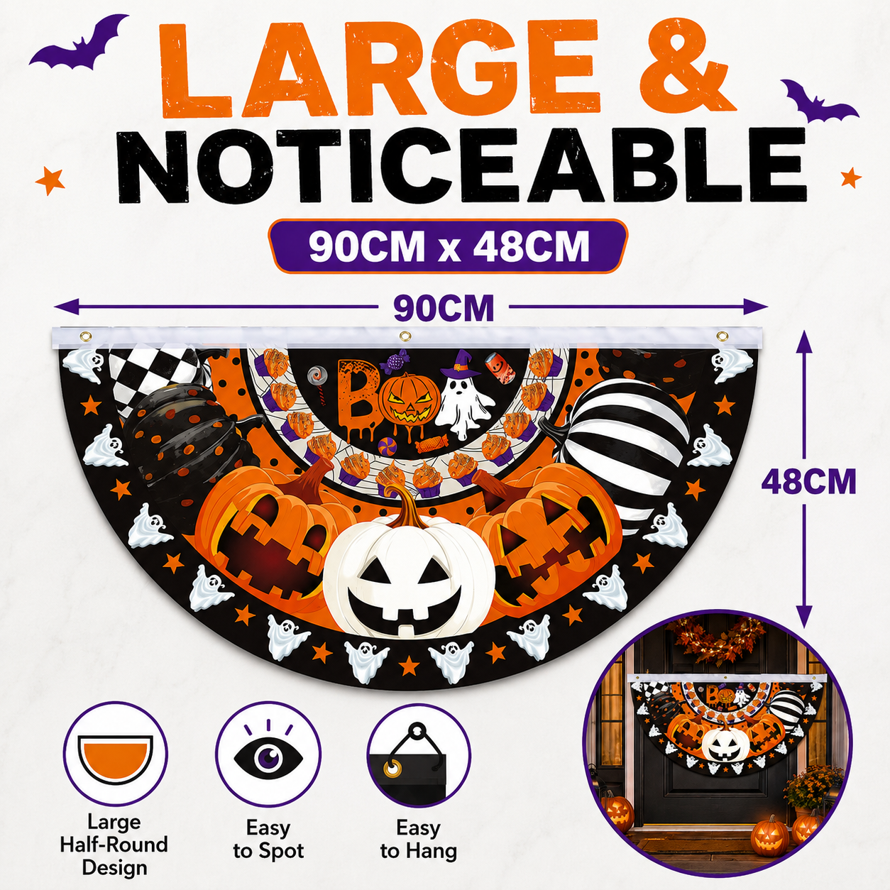 Halloween Half-Round Door Banner – 90×48CM Spooky Front Door Decor