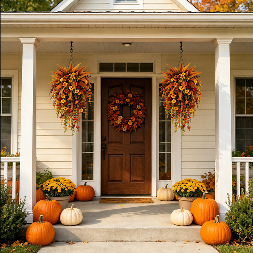 Telaion Autumn Hanging Flower Basket – No-Watering Front Door Fall Decor with Fern & Flower Vines