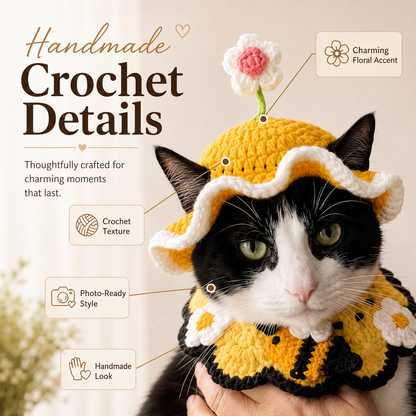 Handmade Crochet Cat Bonnet – Floral Pet Hat for Photos & Special Moments