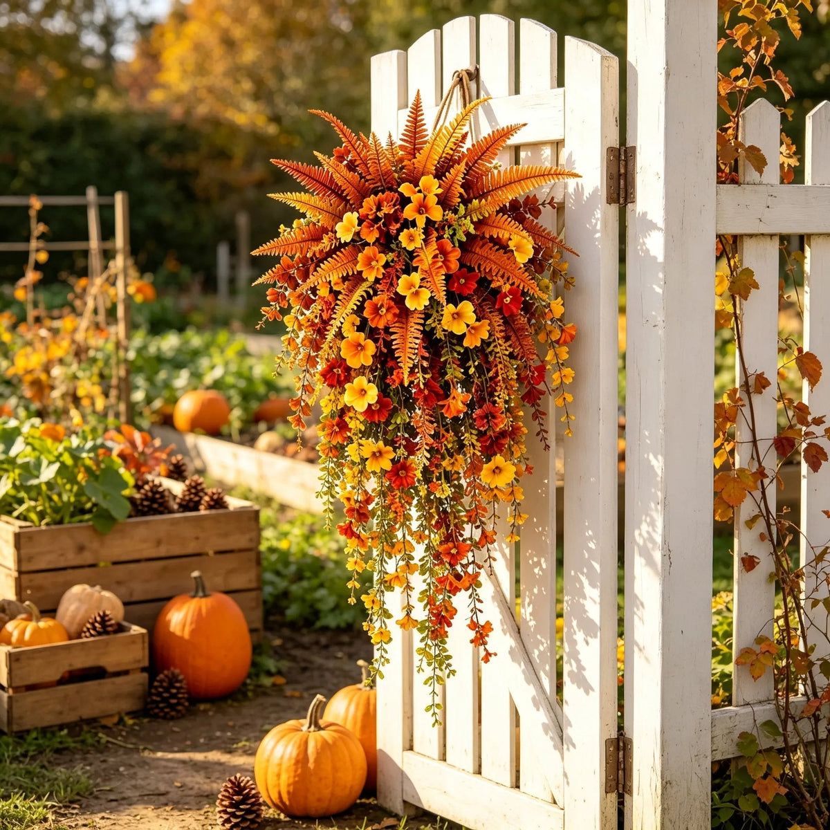 Telaion Autumn Hanging Flower Basket – No-Watering Front Door Fall Decor with Fern & Flower Vines