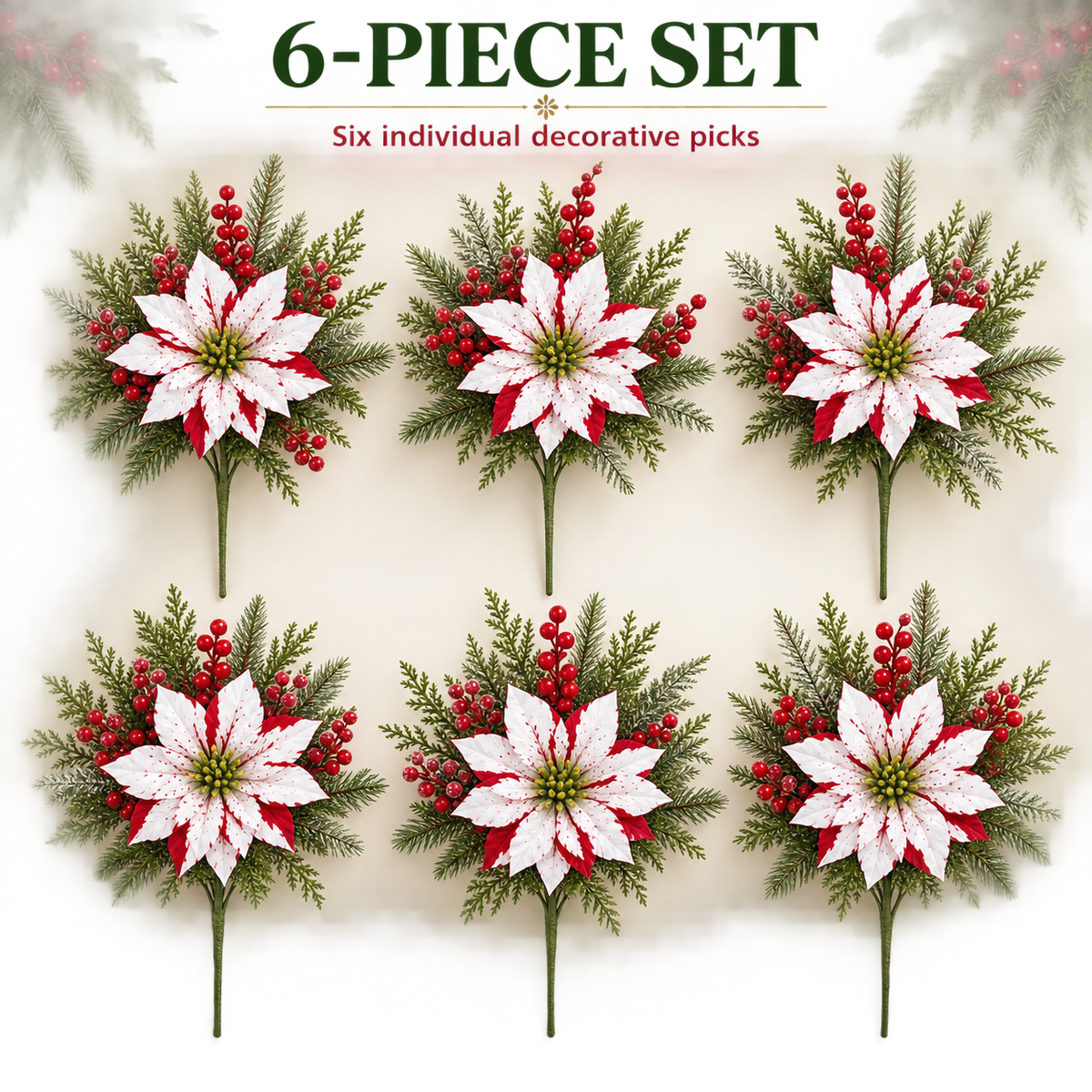 Red & White Poinsettia Christmas Floral Picks – Set of 6