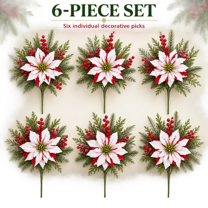 Red & White Poinsettia Christmas Floral Picks – Set of 6