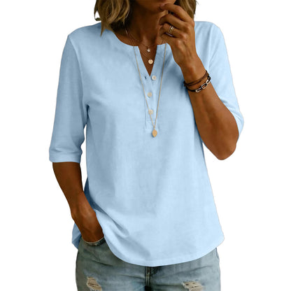 Women’s 100% Cotton Henley T-Shirt – Elbow-Sleeve Everyday Top