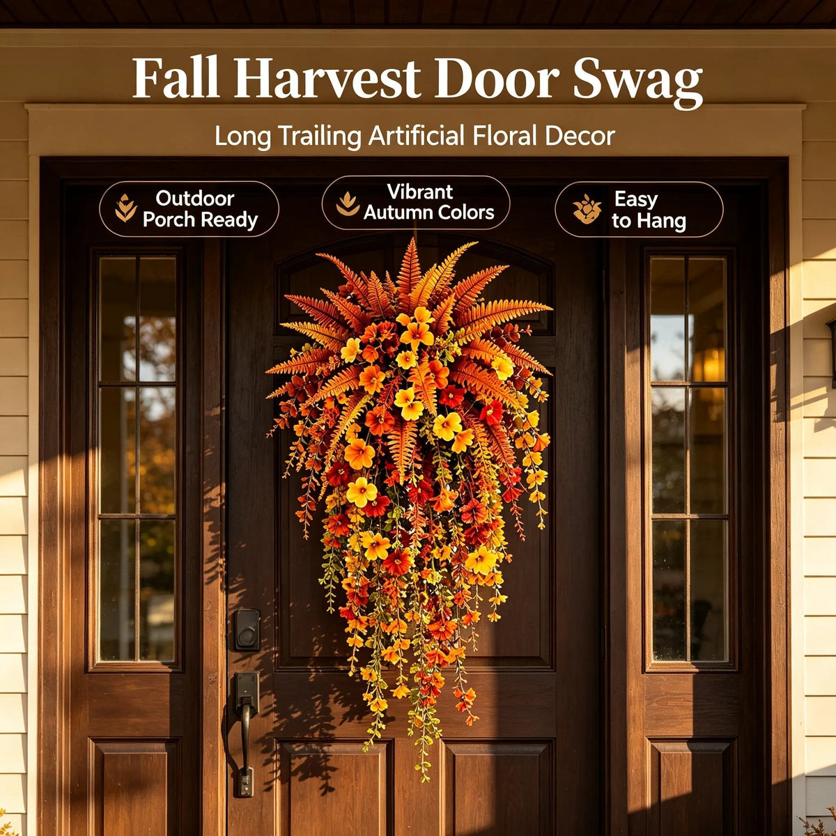 Telaion Autumn Hanging Flower Basket – No-Watering Front Door Fall Decor with Fern & Flower Vines