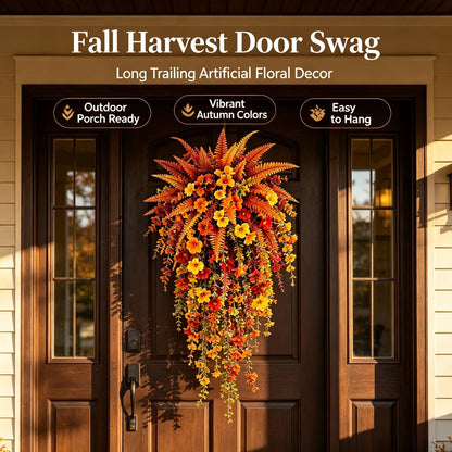 Telaion Autumn Hanging Flower Basket – No-Watering Front Door Fall Decor with Fern & Flower Vines