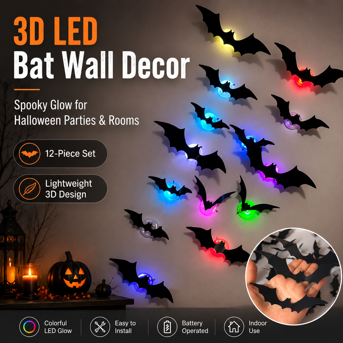 3D LED Halloween bat wall decor for spooky indoor decorating
