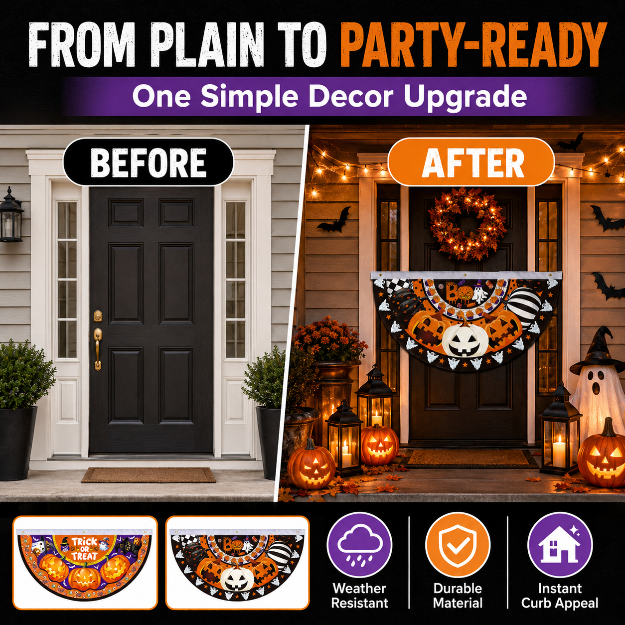 Halloween Half-Round Door Banner – 90×48CM Spooky Front Door Decor