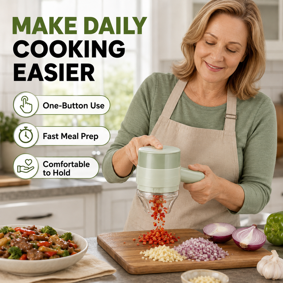 Home cook using handheld electric vegetable cutter