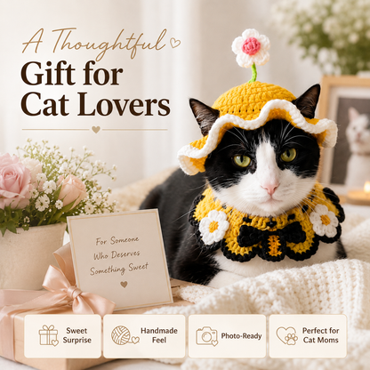 Handmade Crochet Cat Bonnet – Floral Pet Hat for Photos & Special Moments