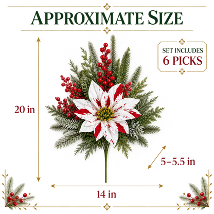 Red & White Poinsettia Christmas Floral Picks – Set of 6