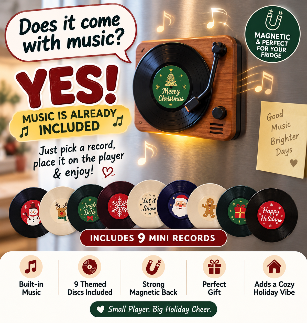 Christmas Fridge Record Player – 9 Holiday Songs, Magnetic Display with Warm Glow