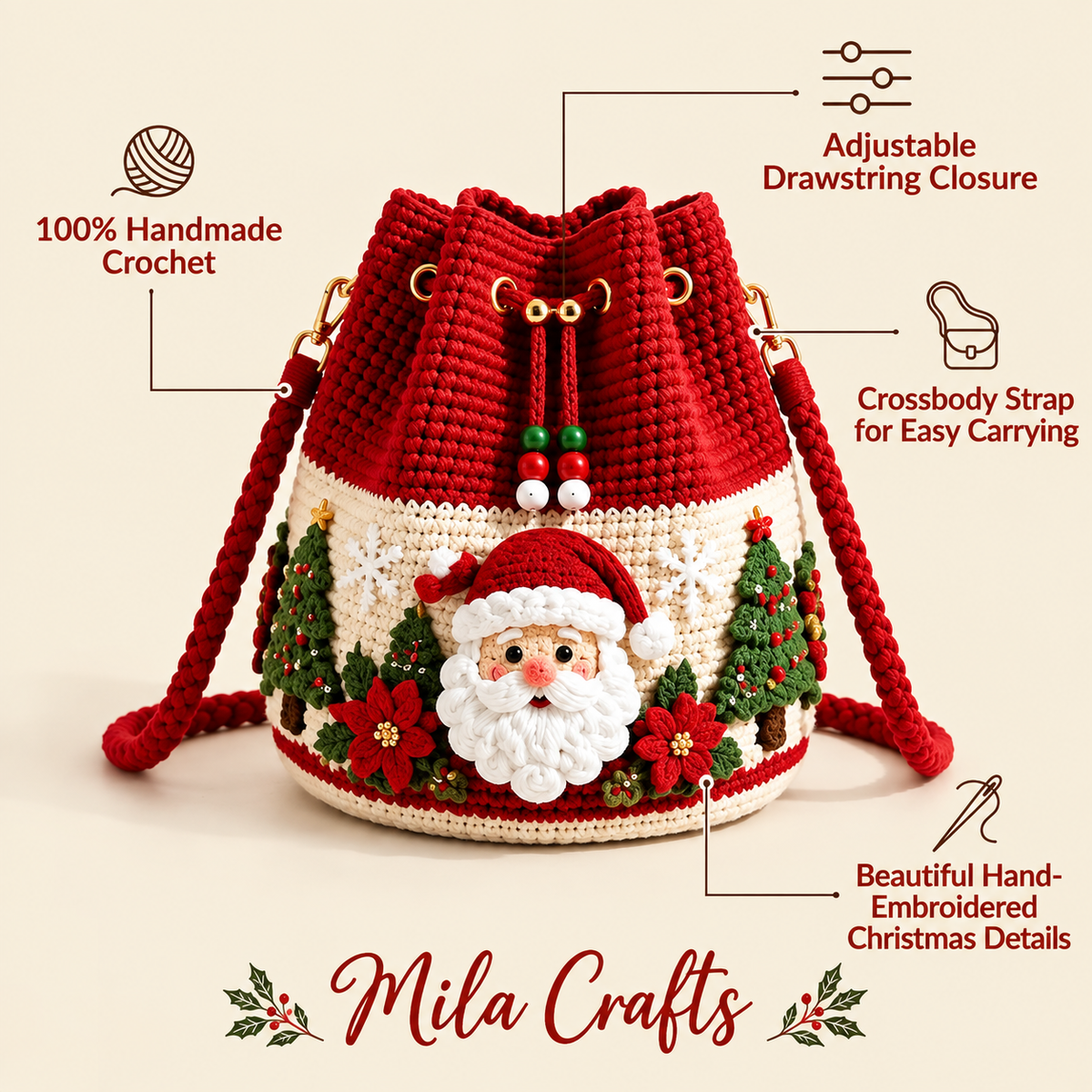 Handmade Christmas Crochet Crossbody Purse — Holiday Gift