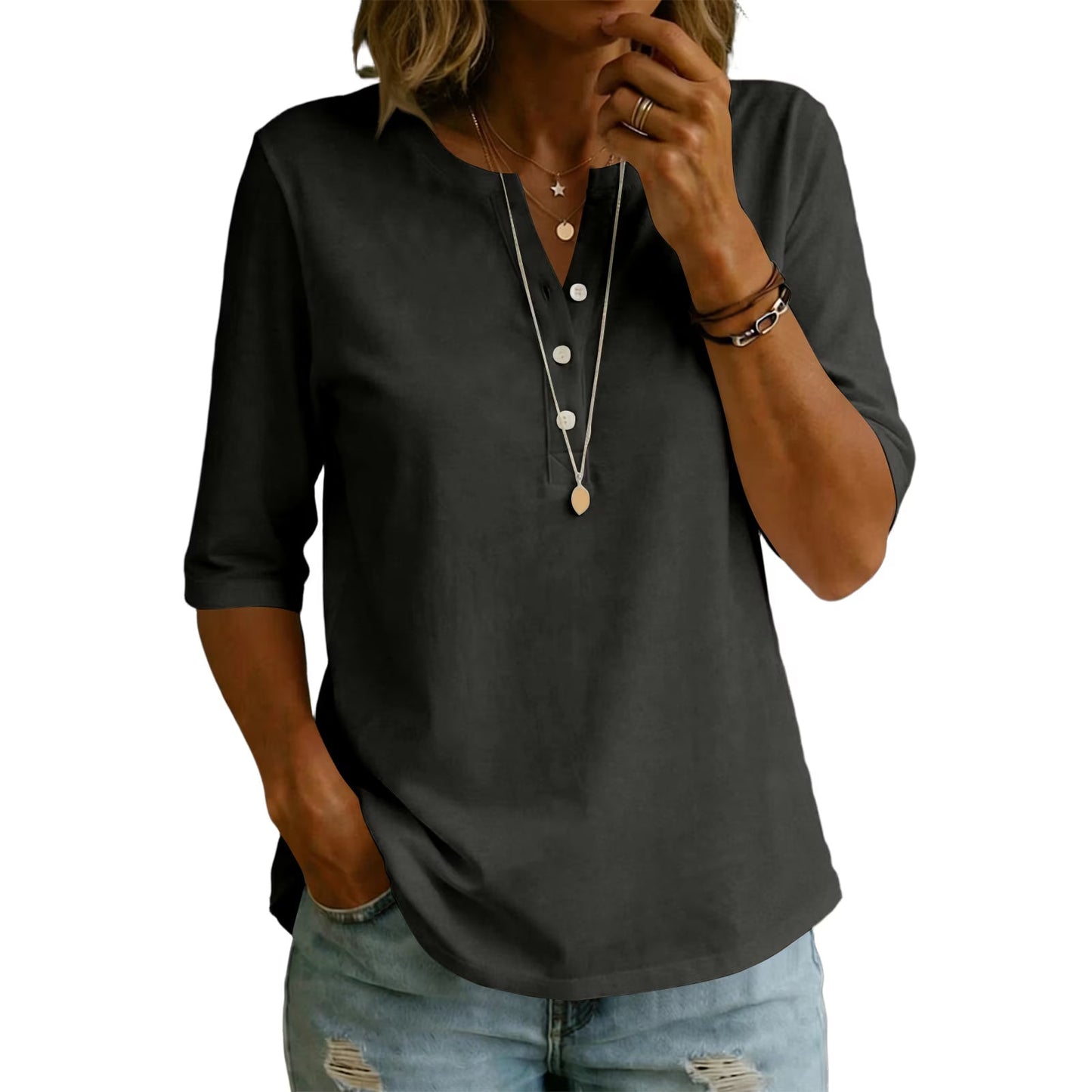 Women’s 100% Cotton Henley T-Shirt – Elbow-Sleeve Everyday Top