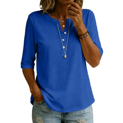 Women’s 100% Cotton Henley T-Shirt – Elbow-Sleeve Everyday Top