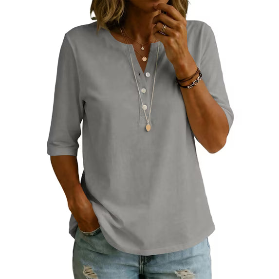 Women’s 100% Cotton Henley T-Shirt – Elbow-Sleeve Everyday Top