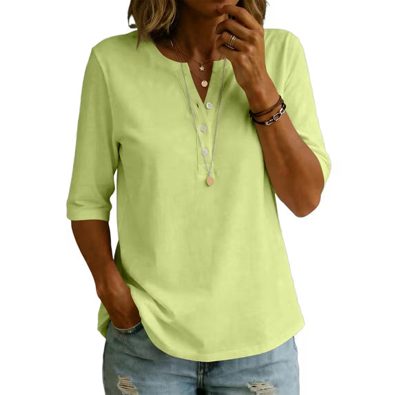 Women’s 100% Cotton Henley T-Shirt – Elbow-Sleeve Everyday Top