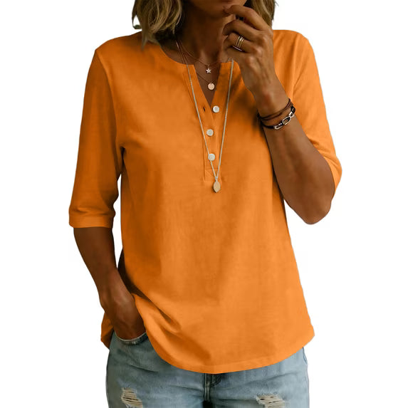 Women’s 100% Cotton Henley T-Shirt – Elbow-Sleeve Everyday Top