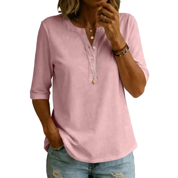 Women’s 100% Cotton Henley T-Shirt – Elbow-Sleeve Everyday Top