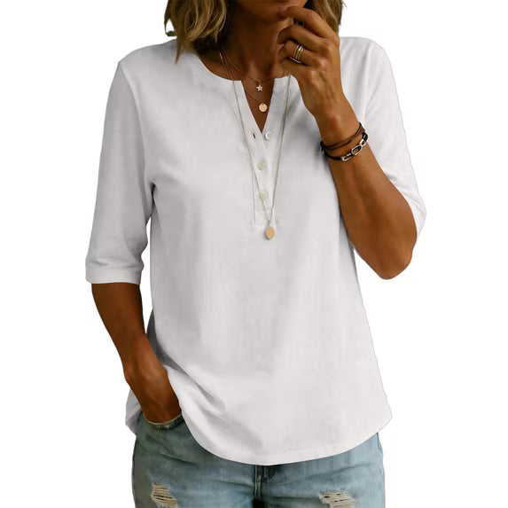 Women’s 100% Cotton Henley T-Shirt – Elbow-Sleeve Everyday Top