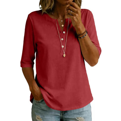 Women’s 100% Cotton Henley T-Shirt – Elbow-Sleeve Everyday Top