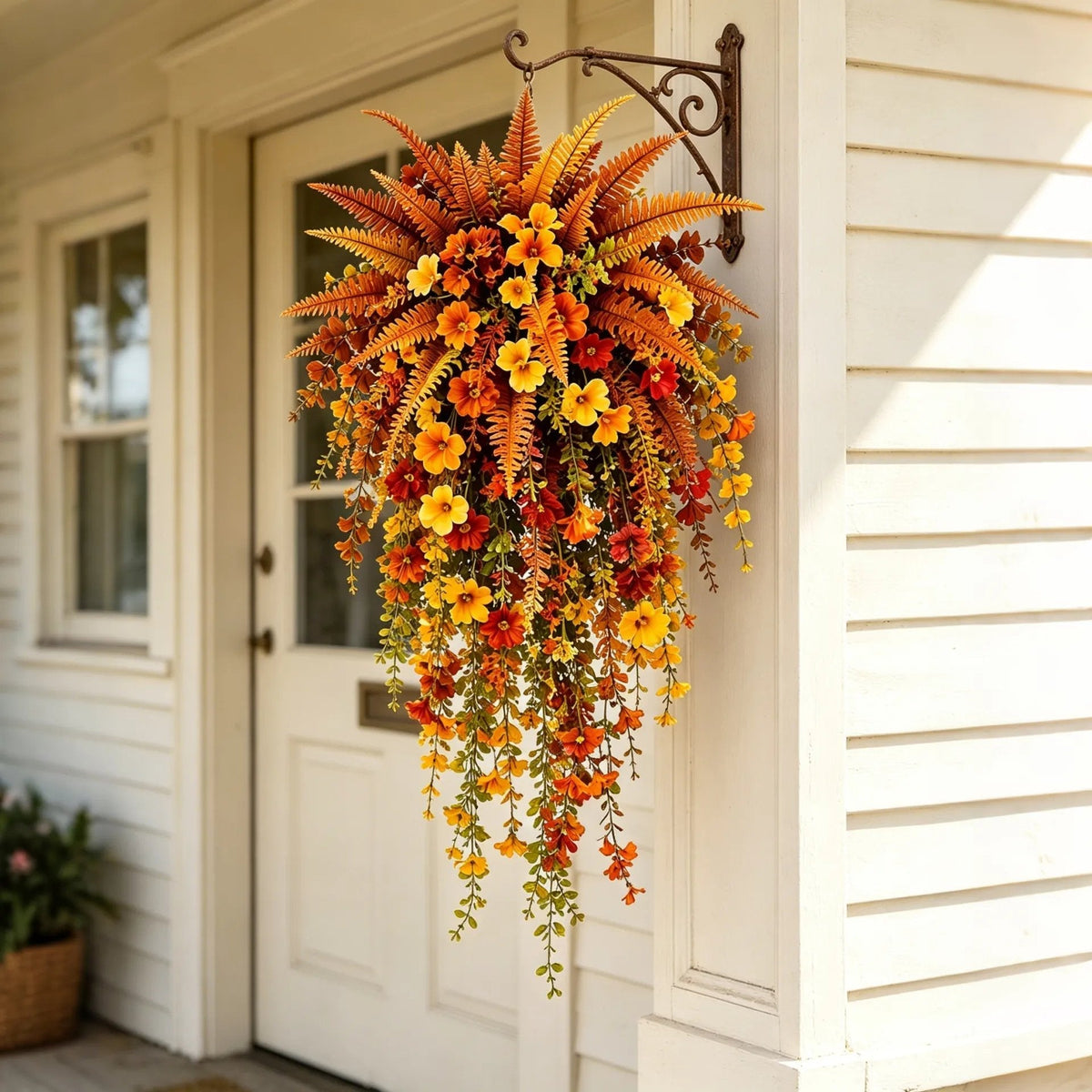 Telaion Autumn Hanging Flower Basket – No-Watering Front Door Fall Decor with Fern & Flower Vines