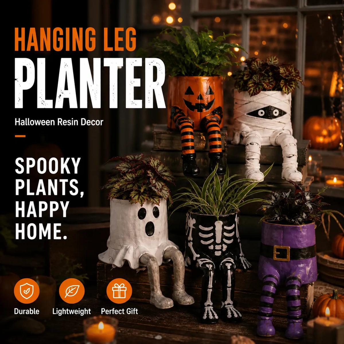 Halloween Hanging Leg Planter – Hand-Painted Resin Succulent Pot