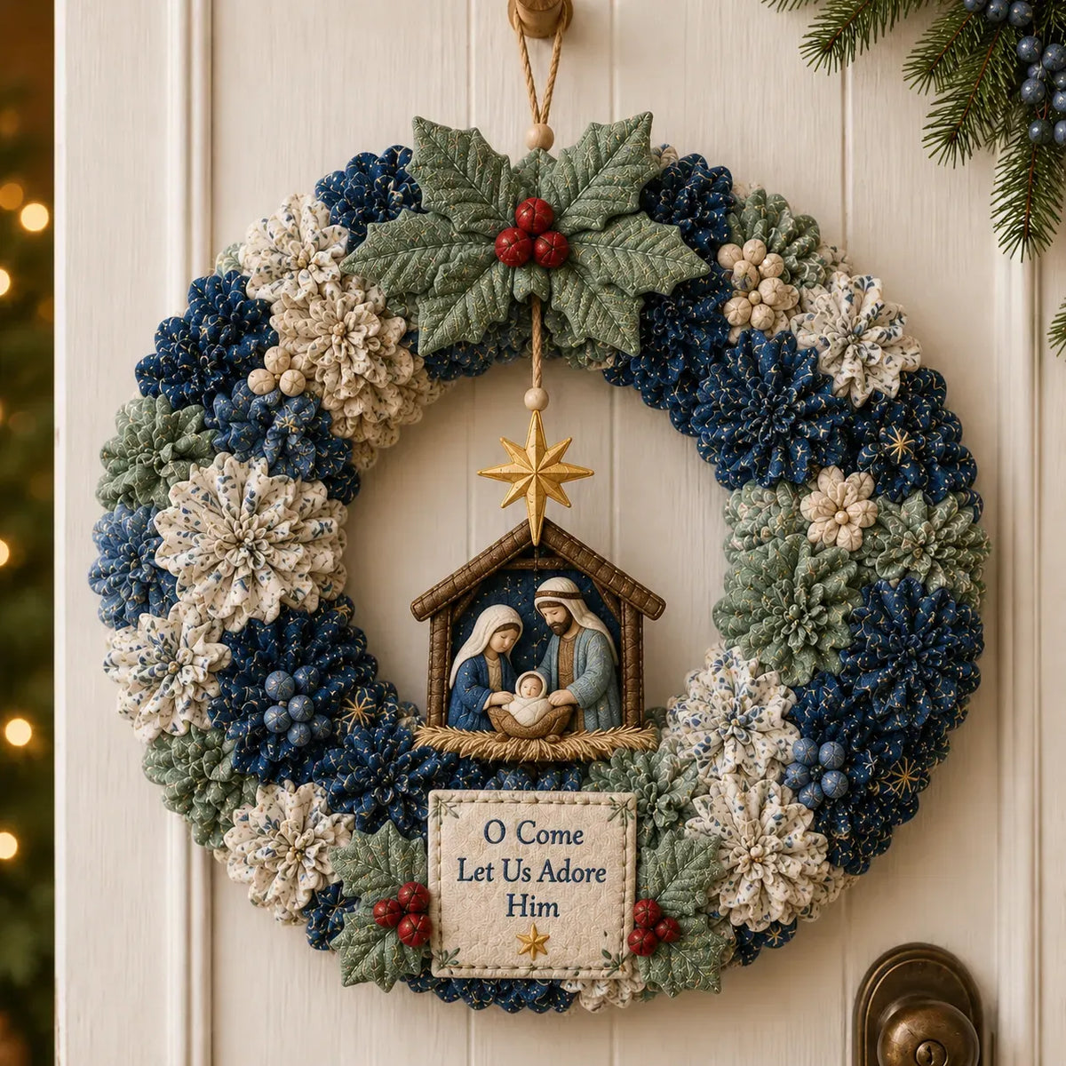 Christmas wreath DIY kit - O Come Let Us Adore Him Nativity style 3D fabric poke art wreath