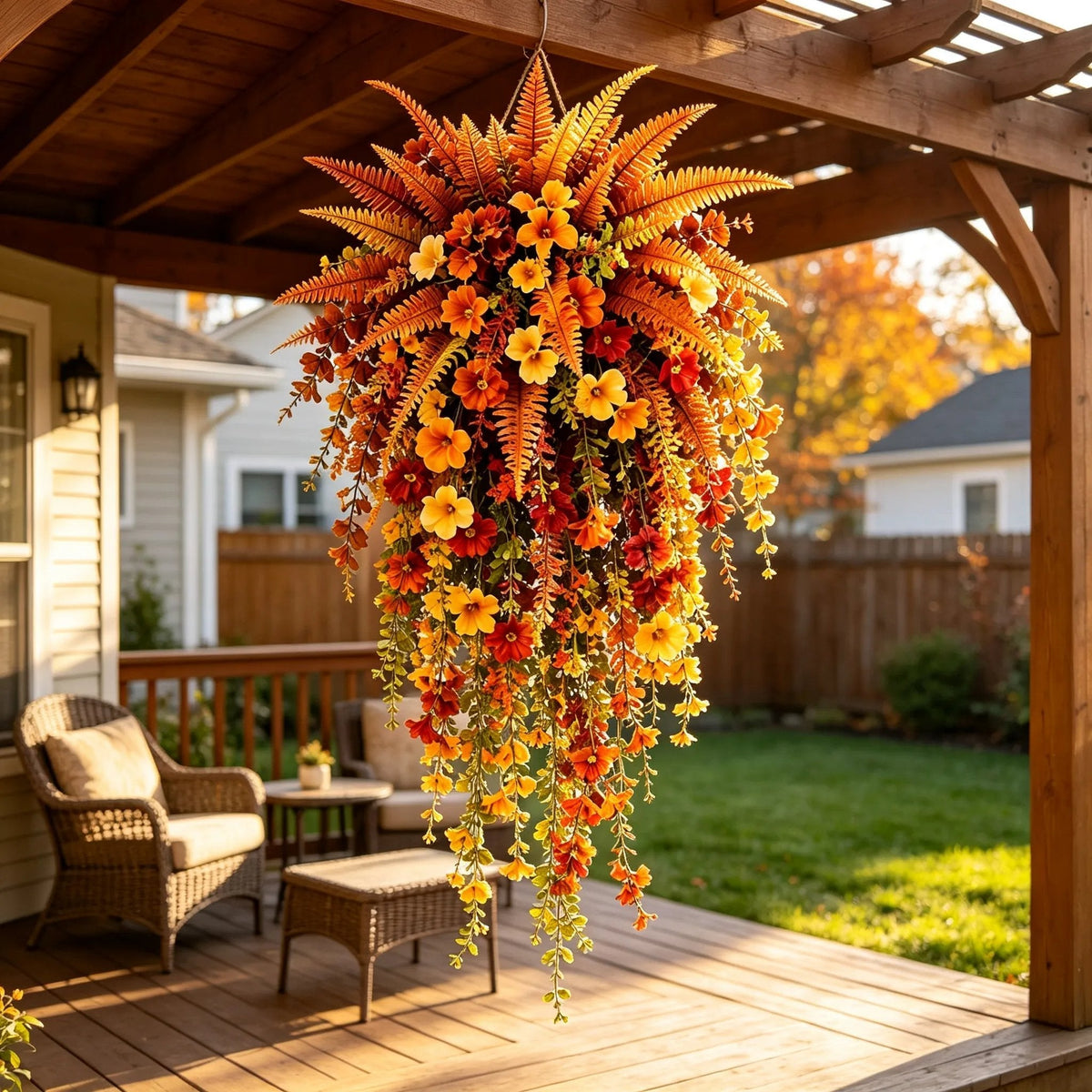 Telaion Autumn Hanging Flower Basket – No-Watering Front Door Fall Decor with Fern & Flower Vines