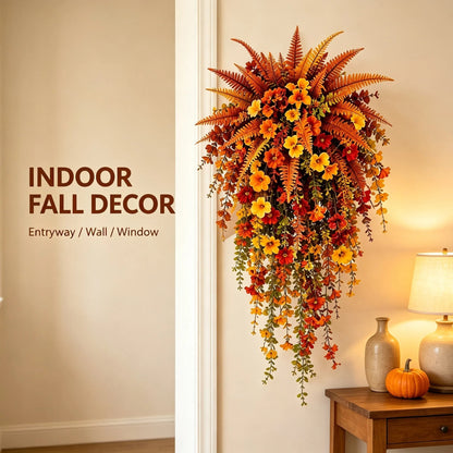 Telaion Autumn Hanging Flower Basket – No-Watering Front Door Fall Decor with Fern & Flower Vines