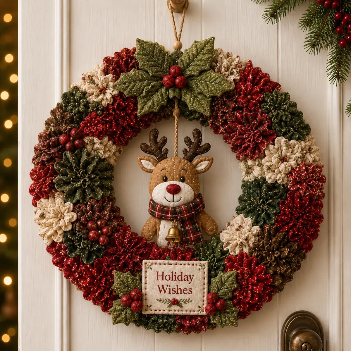 Christmas wreath DIY kit - Holiday Wishes Reindeer style 3D fabric poke art wreath