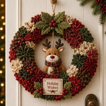 Christmas wreath DIY kit - Holiday Wishes Reindeer style 3D fabric poke art wreath
